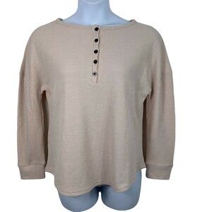 Famulily Size Medium Waffle Knit Top Nude Pink Long Sleeve Tee Button Neckline